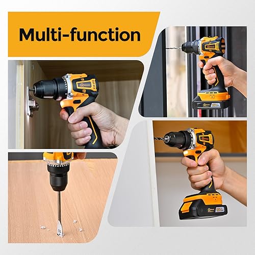 Miniatura 5 de Juego de herramientas de motor sin escobillas: taladro inalámbrico amarillo de 21 V, caja de herramientas de taladro eléctrico, portabrocas sin