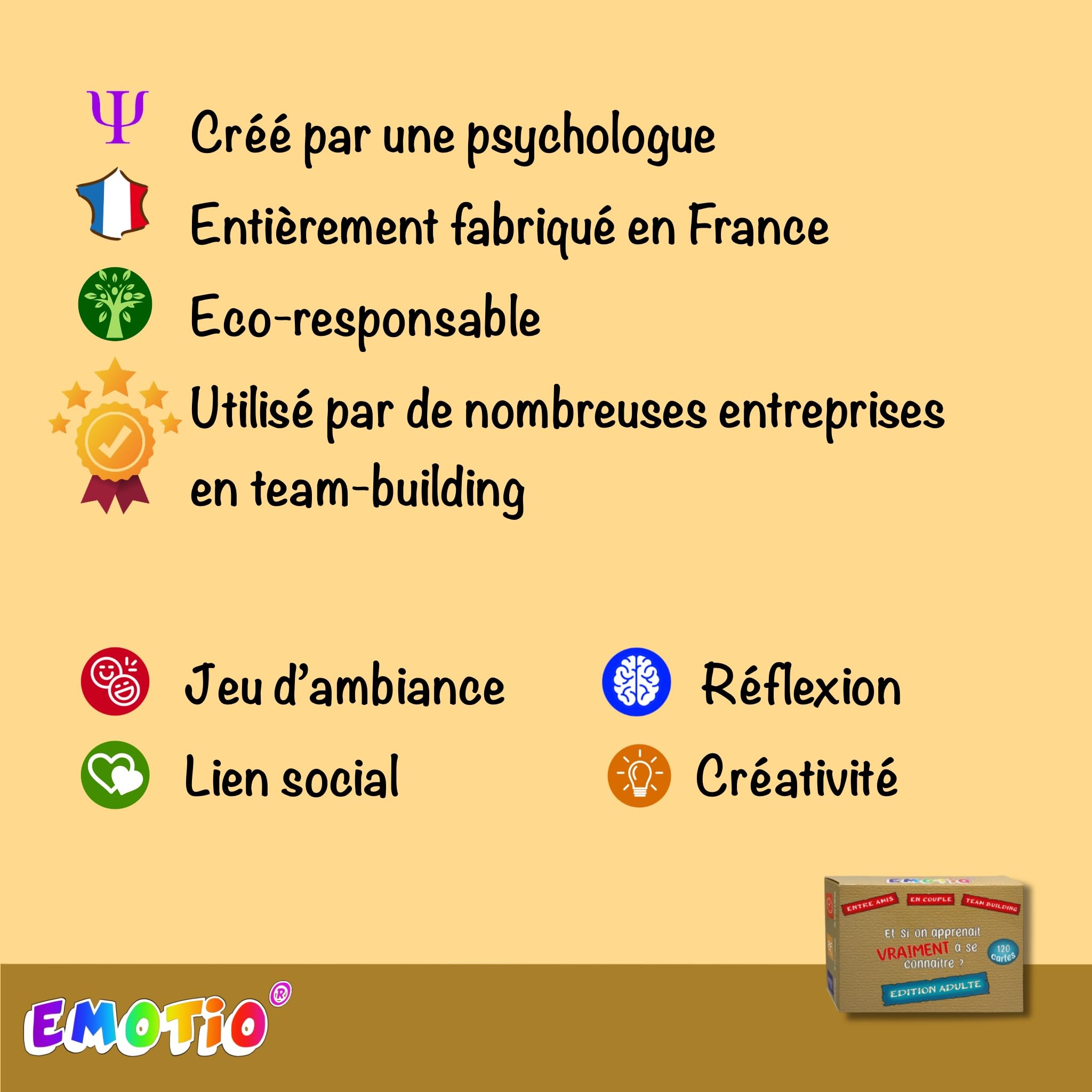 120 Questions pour Apprendre à se connaître et créer des Liens | Amis, Couples, Team-Building | créé par Une Psychologue | Fabriqué en France