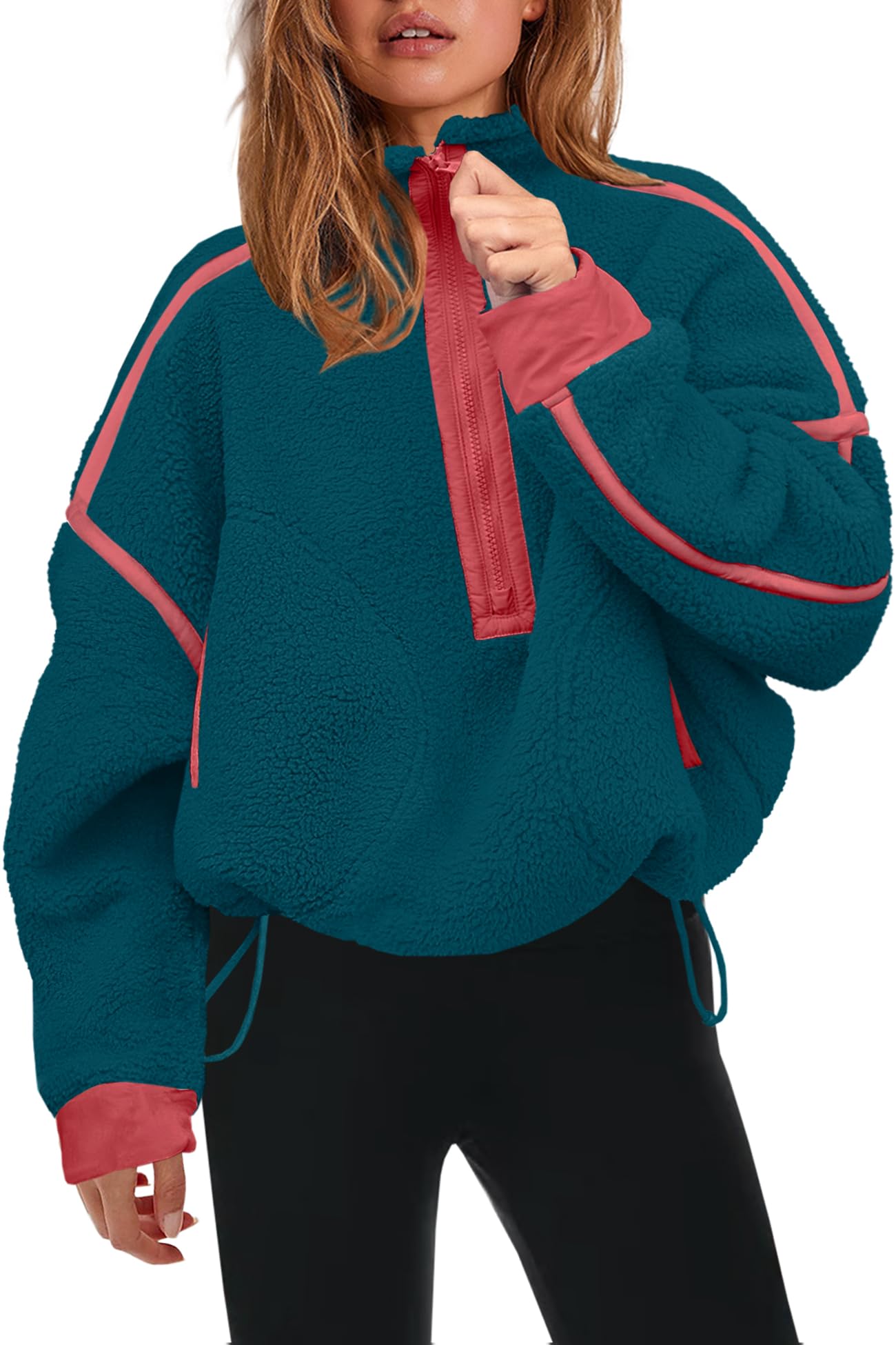 Panadila Damska bluza polarowa sherpa z półzamkiem, miękka, oversize’owa bluza z kieszeniami, ciepły i puszysty sweter