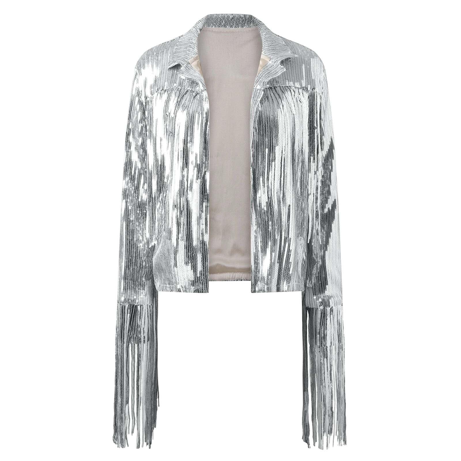 Damen Pailletten Jacke mit Fransen Glitzer Cardigan Langarm Blazer Offene Vorderseite Party Jacken 70er Jahre Disco Outfit für Karneval Fasching Festival Clubwear 2026