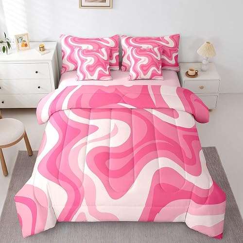 jejeloiu Pink 7 Pieces Bedding Set Twin Size 70S 80S Abstract Vintage Preppy Com