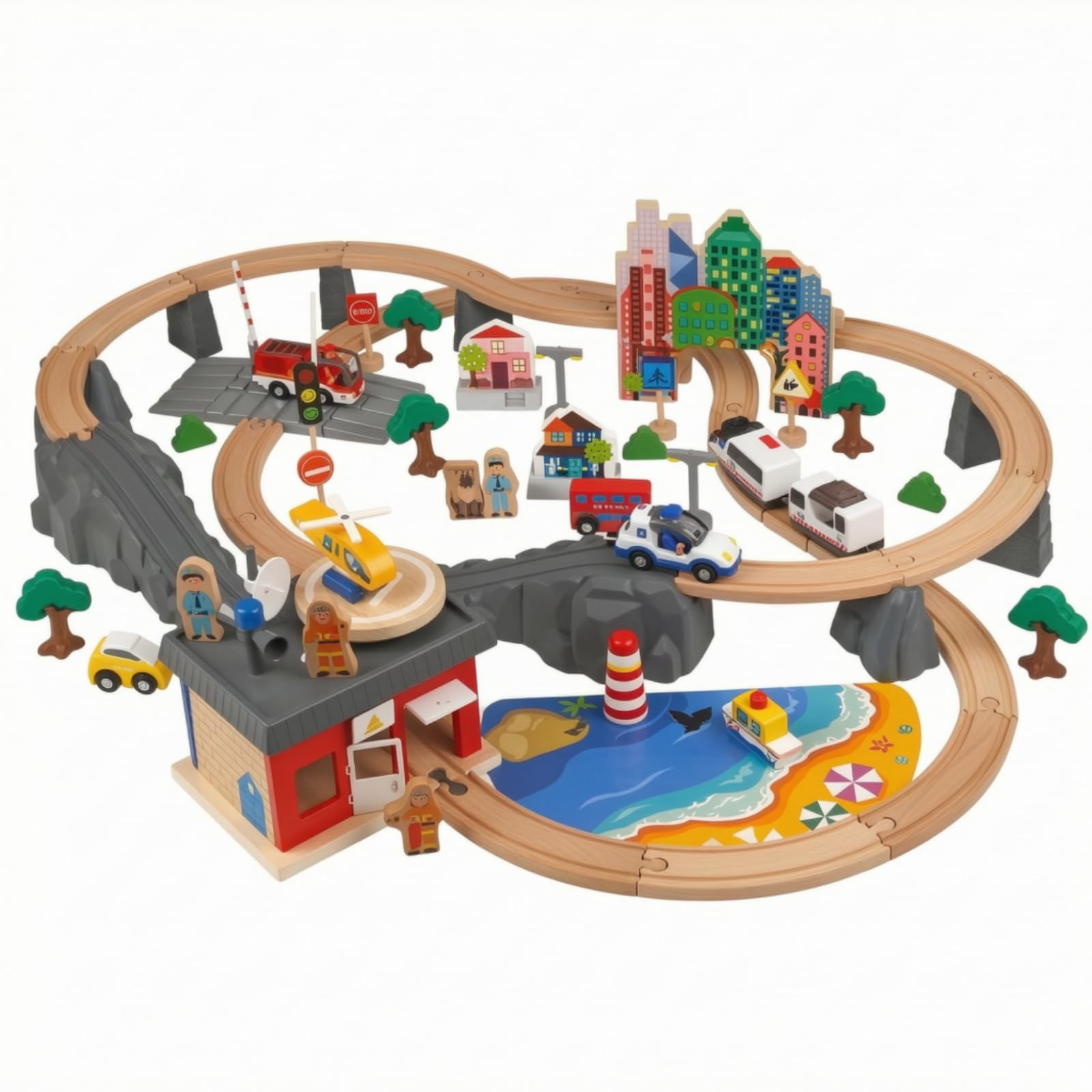 Train Électrique Rails Créatif Détails Peints à la Main, Circuit Ferroviaire en Bois, Éducatif, pr Chambre d'enfant, Pits