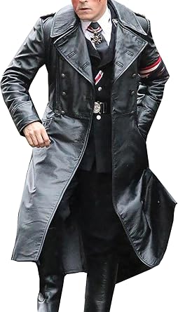 Black Genuine Leather Trench Coat German Classic Officer Military Uniform
