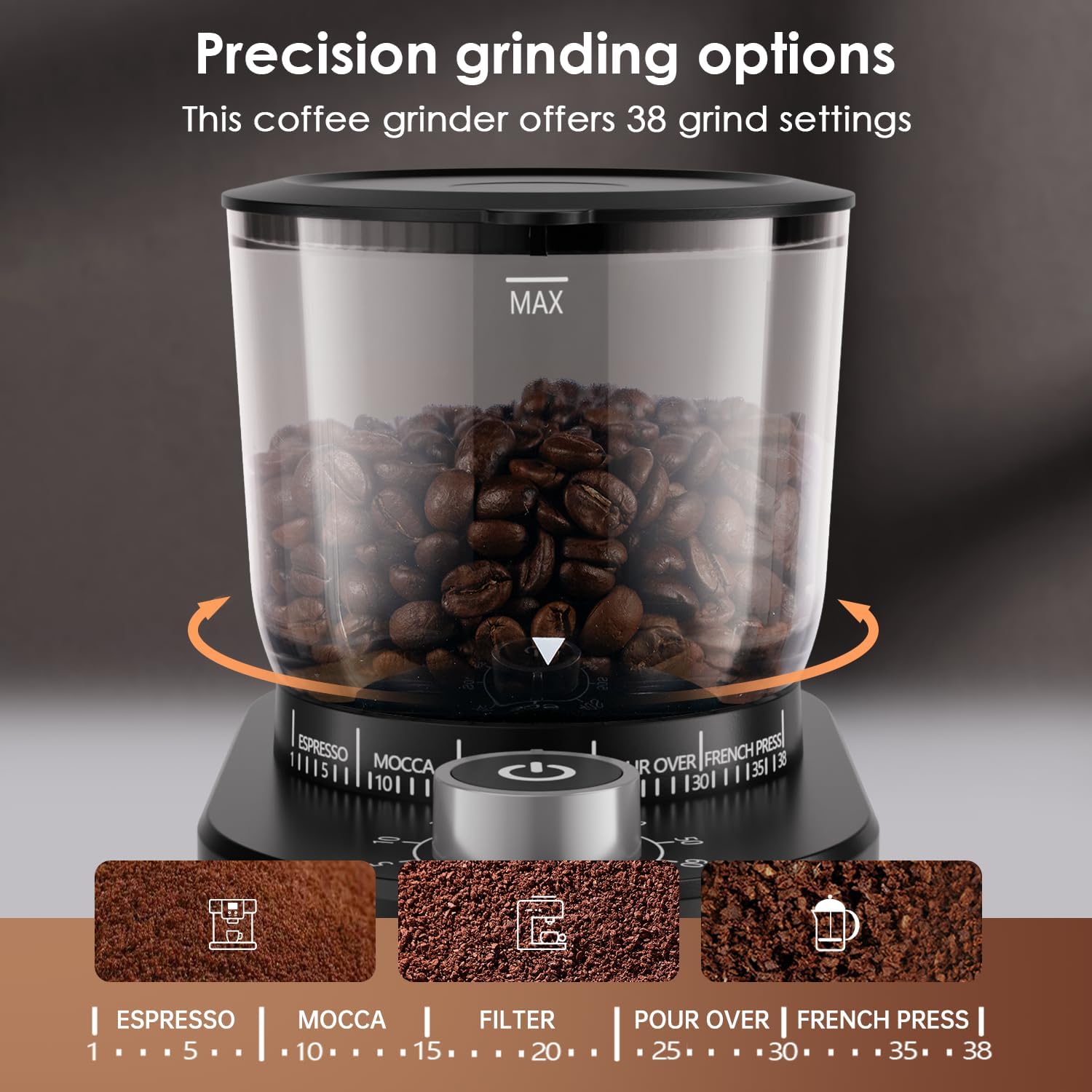 SOWTECH Conical Burr Coffee Grinder, Electric Mill with 38 Precise Grind Settings, Precision Timer, for Espresso, Drip and French Press, 800W, Black