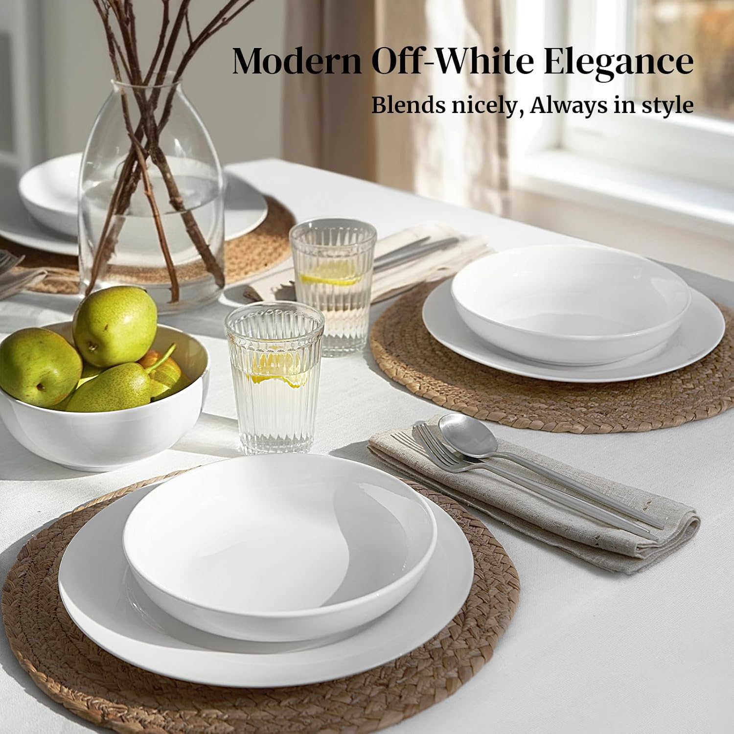 DOWAN 8.5" Pasta Bowls, 32oz Salad Bowls Set of 6, Natural White Ceramic Serving Bowls, Porcelain Plate Bowl Serving Dish Shallow Bowls Set for Kitchen, Microwave Dishwasher Safe