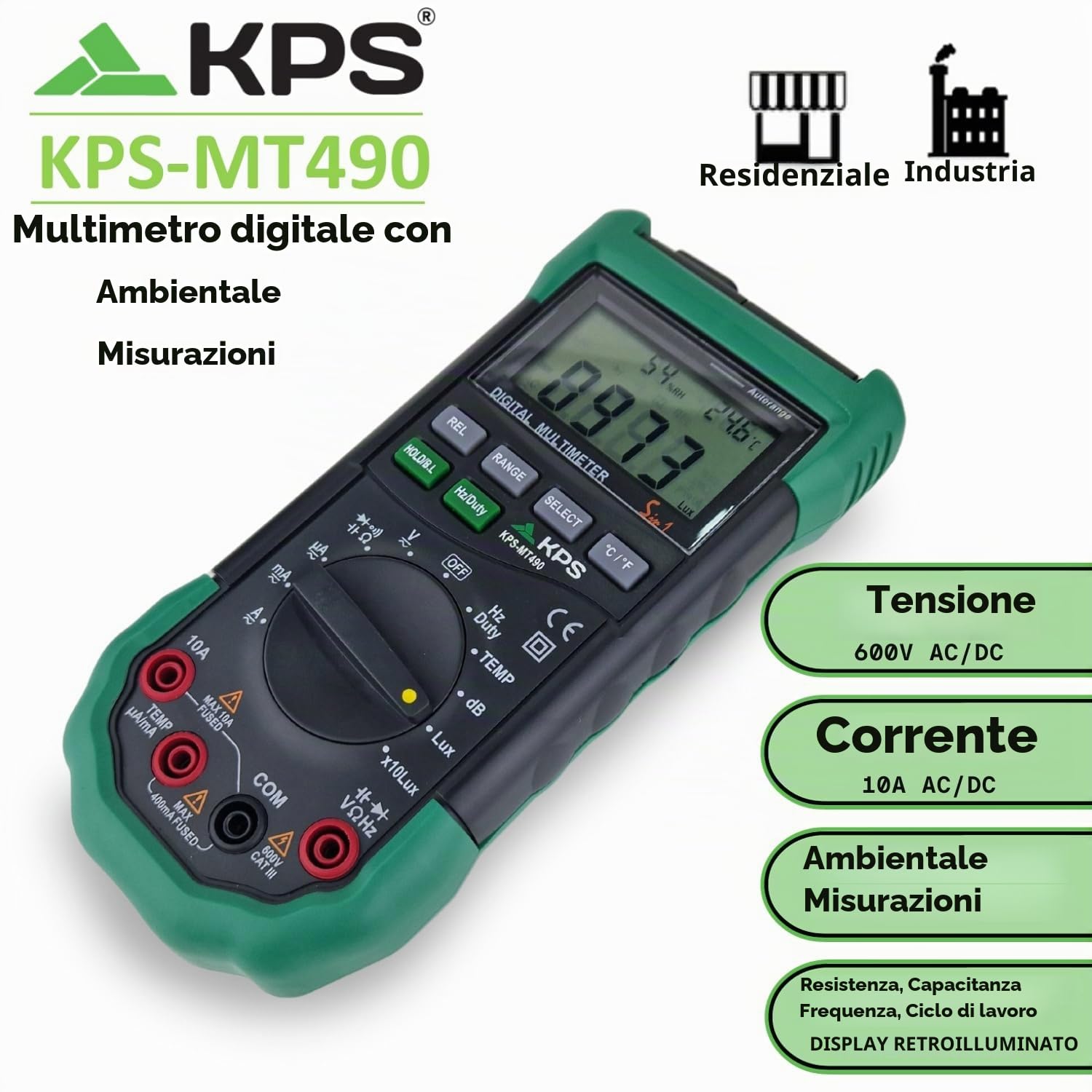 MT490 Multimetro digitale con temperatura, umidità, dB e luminosità. | Misure tensione AC/DC 600V Corrente AC/DC 10A, ideale per verifiche, manutenzione e diagnostica.