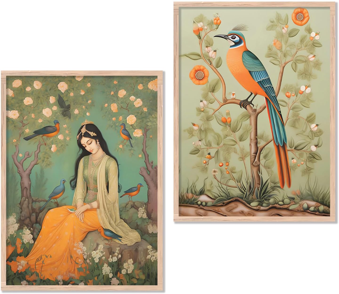 kotart Traditional Indian Wall Art Painting Set of 2 | Woman with Birds & Nature Theme | MDF Wooden Framed Wall Decor for Living Room, Bedroom & Home (Art 10, 10x13 inch)