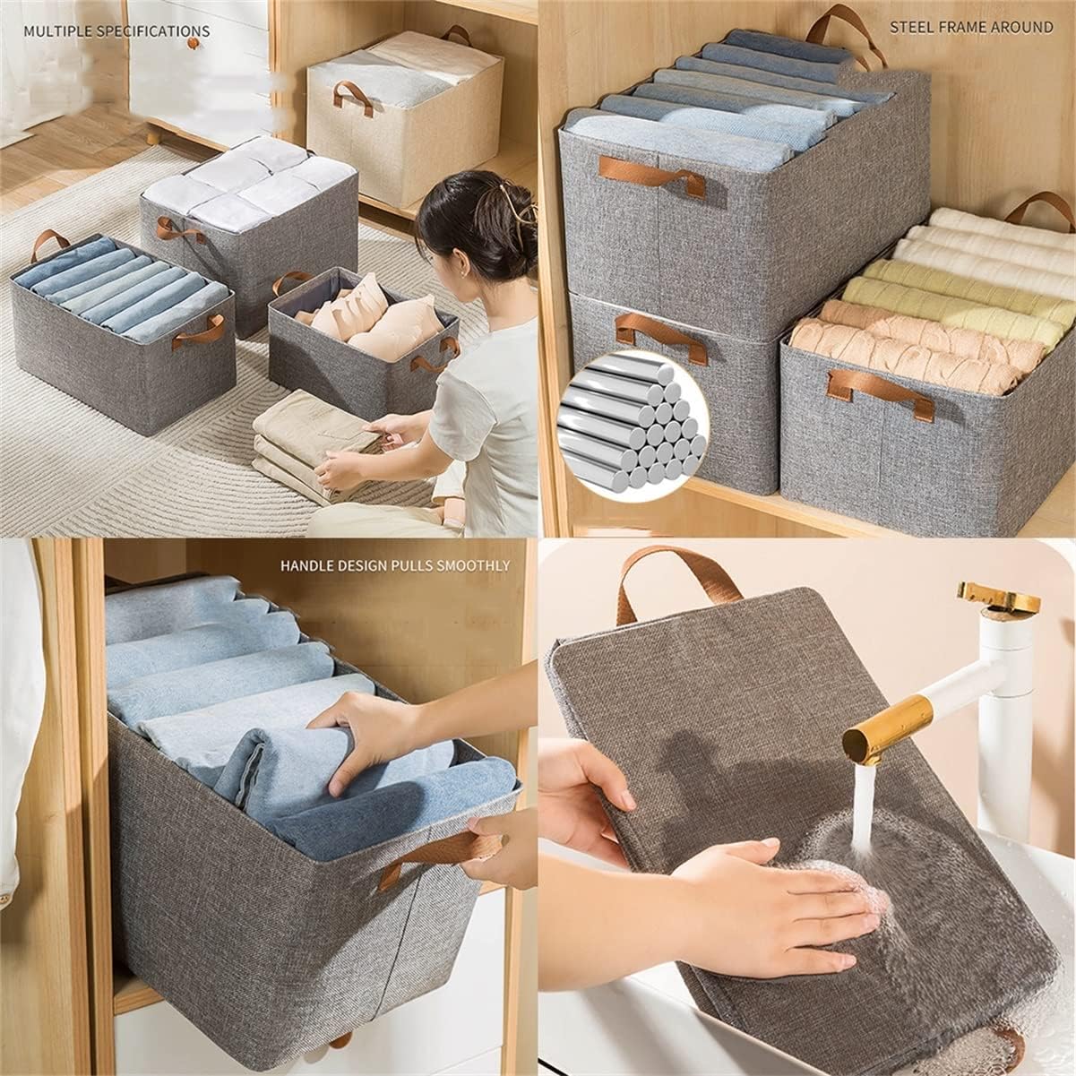 Storage Basket, Foldable Drawer Type Clothes Organizing Bins, Durable Multifunction Rectangular Open Storage Bag for Clothing, Toys Pack of 3 (Color : Beige, Size : 23 l)