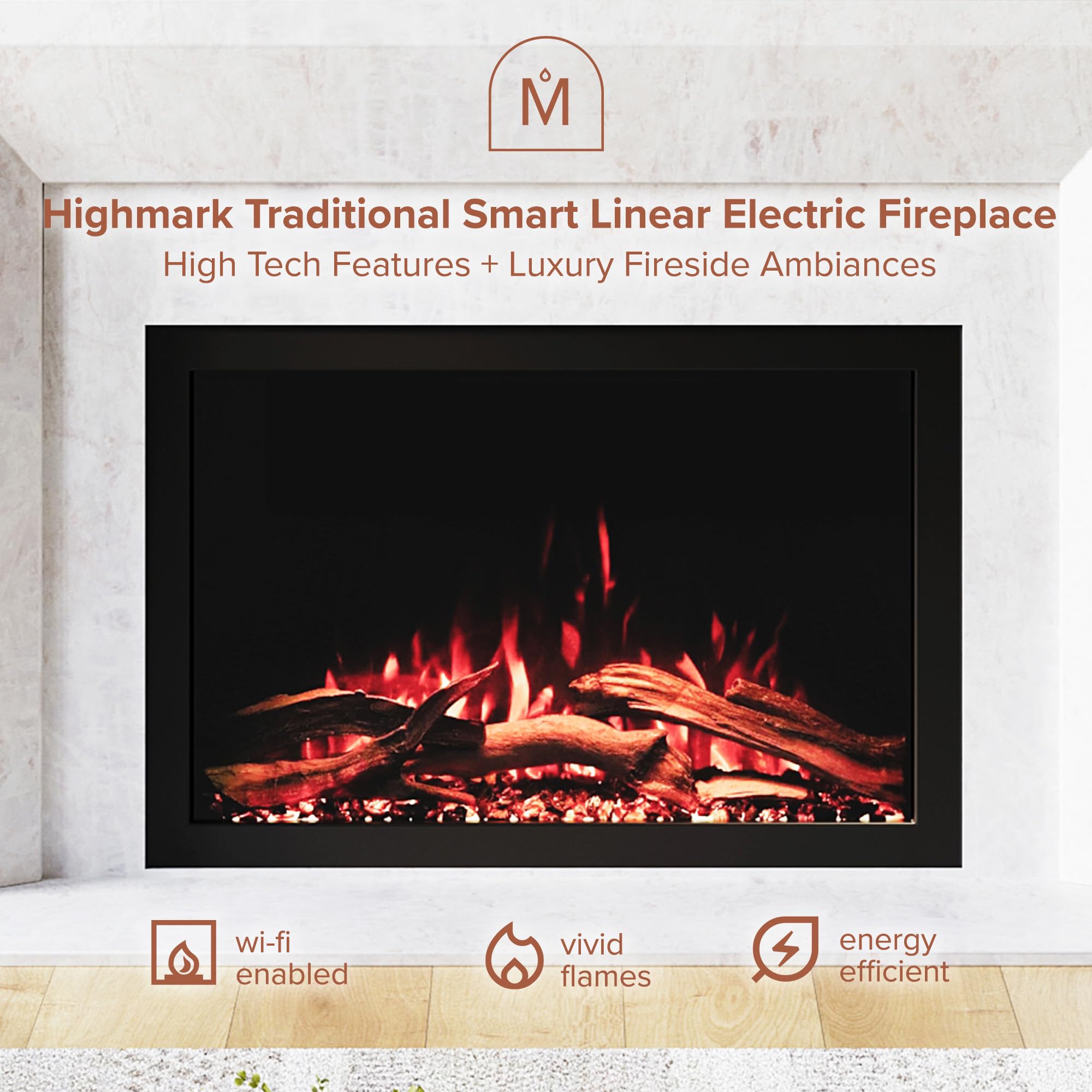 Modern Ember Highmark Traditional 33 Inch Built-in Smart Electric Fireplace Insert | Alexa/WiFi Enabled - Remote Included | Electric Firebox Heater with Multi-Color Flames | 1500W