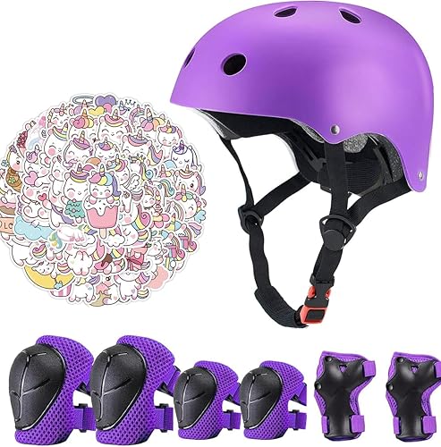 Miniatura 14 de Juego de casco de bicicleta para niños, certificado CPSC con rodilleras, coderas, muñequeras, casco negro ajustable para niñas de 2-3-5-8 años,