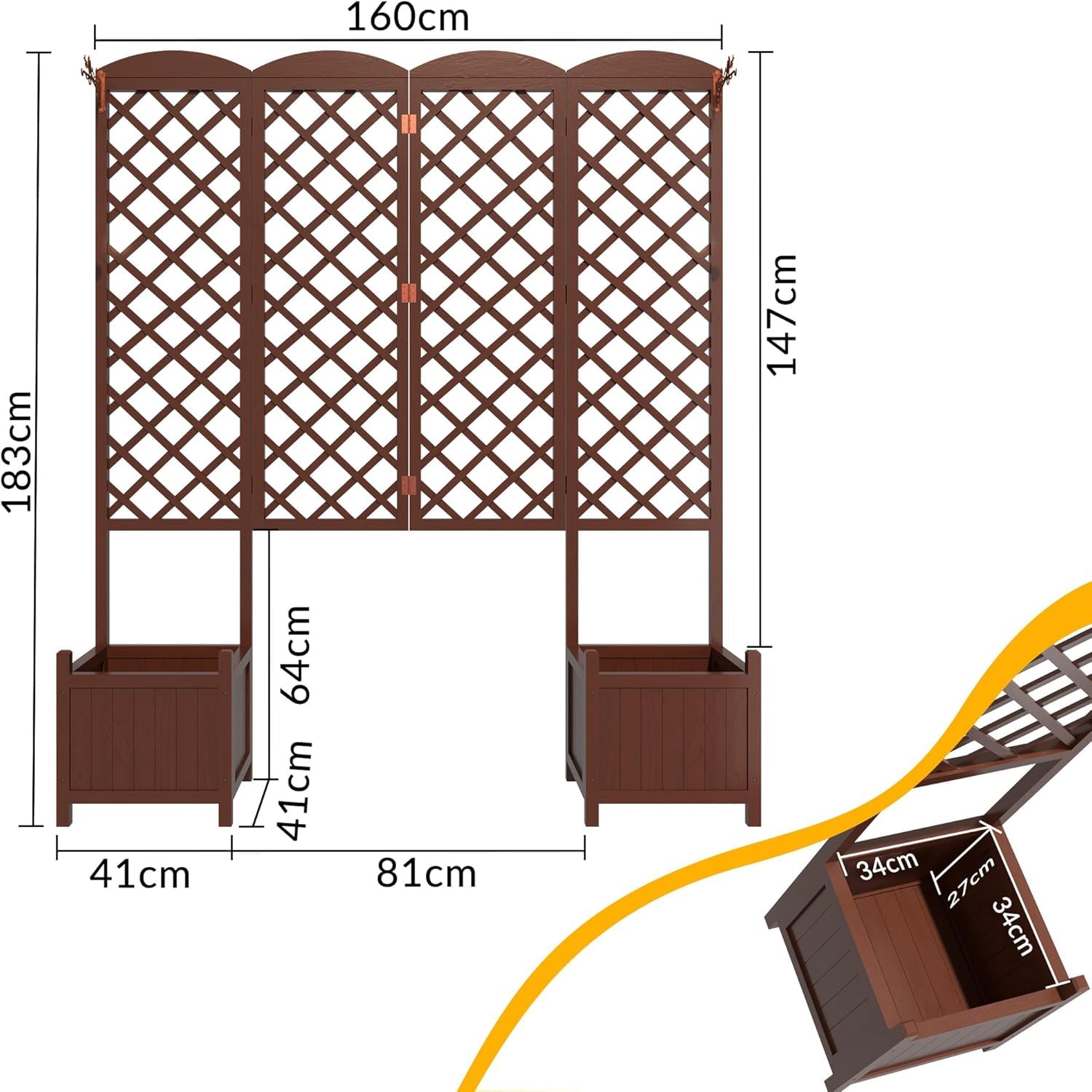 Vaso rialzato in abete impermeabile con traliccio per rampicanti 160x40,6x183 cm | Vaso da giardino schermo visivo con drenaggio | Modulare per piante rampicanti marrone scuro(Confezione da 2 pezzi)