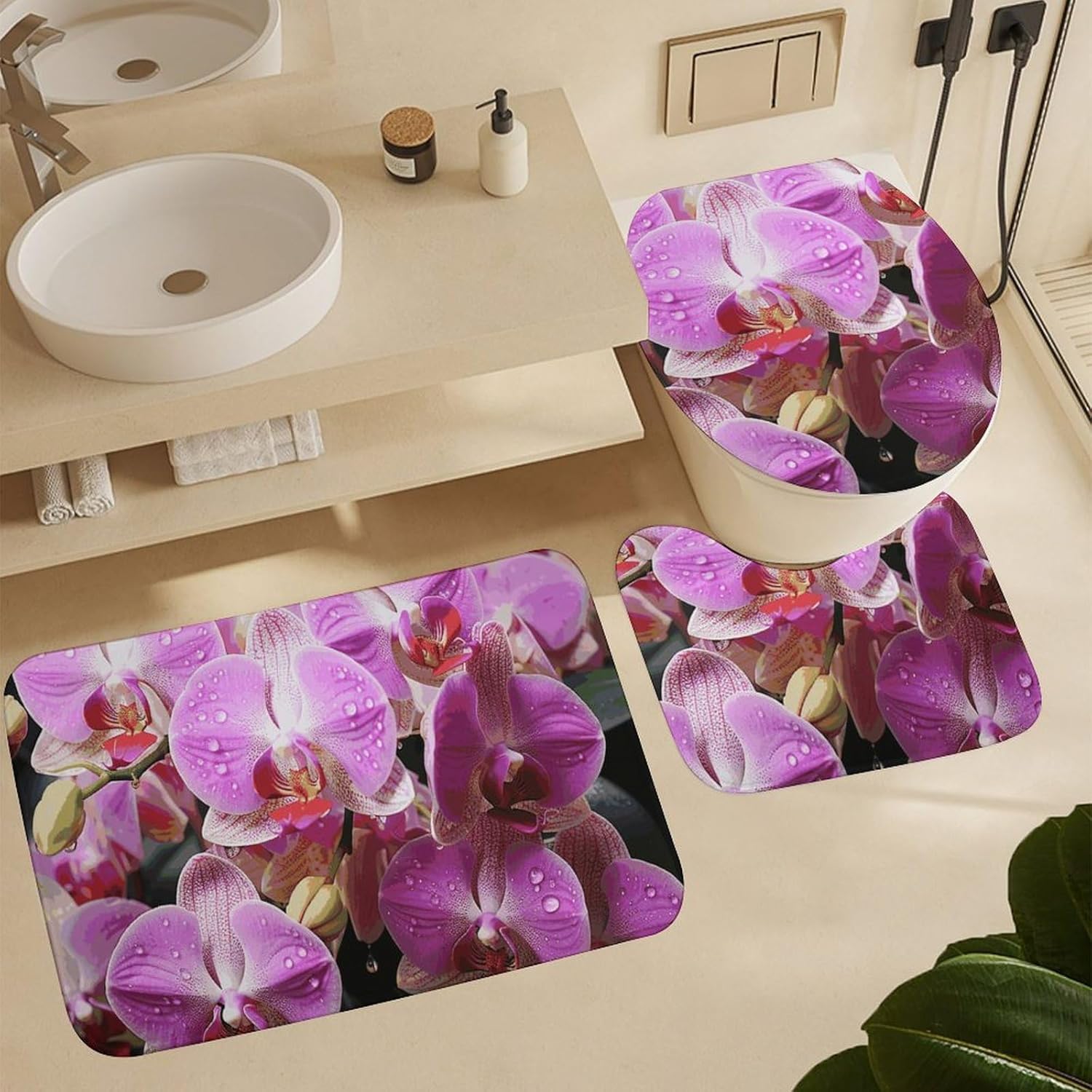 Orchids Shower Curtains Set 4 Piece with Non-Slip Rugs, Toilet Lid Cover and Bath Mat Soft Bathroom Carpet Waterproof Bathroom Curtain with 12 Hooks for Bathroom Decor