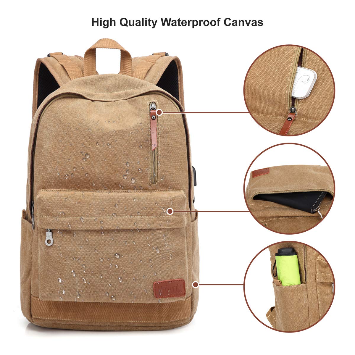 UNIWALK Canvas Laptop Backpack, Waterproof College Backpack With USB Charging Port For Men Women, Vintage Anti-theft Travel Daypack Rucksack Fits up to 15.6 inch Computer(Brown)