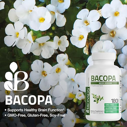 Miniatura 3 de Bronson Bacopa apoya la función cerebral saludable y el rendimiento mental, hierba tradicional, sin OGM, 180 cápsulas vegetarianas