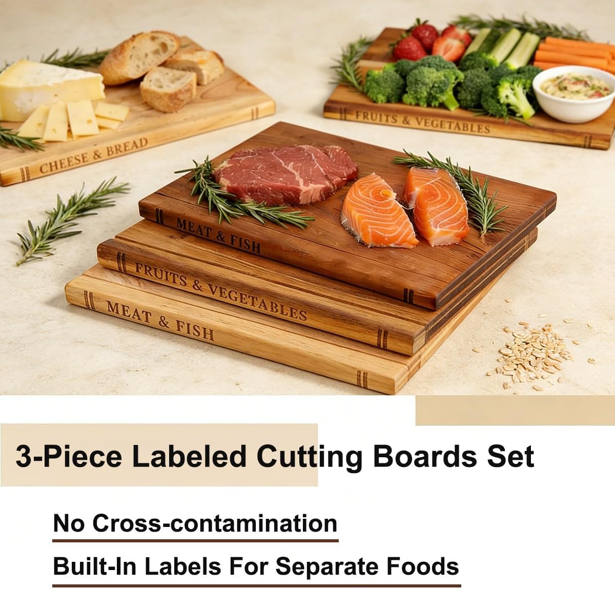 Rectangular Book Cutting Board Set of 3 for Kitchen, Wooden Butcher Block with Stand, Chopping Serving Board for the Books Loving Chef, Fruits, Vegetables, Meat, Fish, Cheese and Bread(Natural)