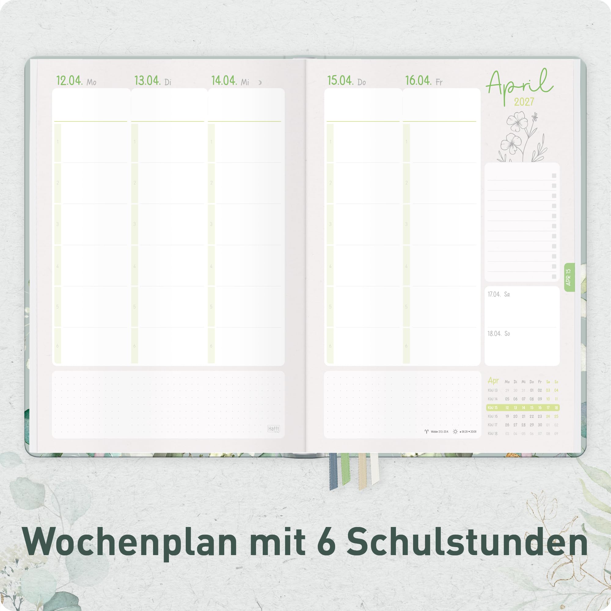Häfft® Lehrerplaner Grundschule 2026/2027 im A4+ Format Hardcover - Schuljahr 12 Monate (Aug 26 - Jul 27) Lehrerkalender & Unterrichtsplaner für Klasse 1–4 "Minty Leaves"