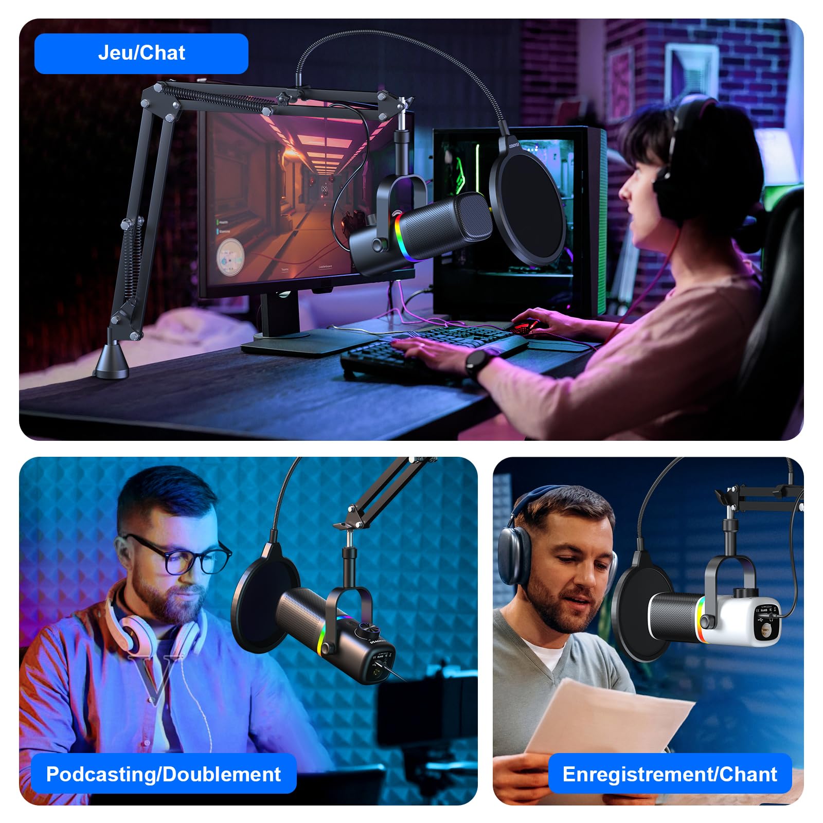 Aokeo AK-10 Microphone de Jeu USB avec Bras Micro, Microphone à condensateur pour PC/Mac/PS4/PS5/téléphone - Micro cardioïde avec éclairage RVB (Blanc)