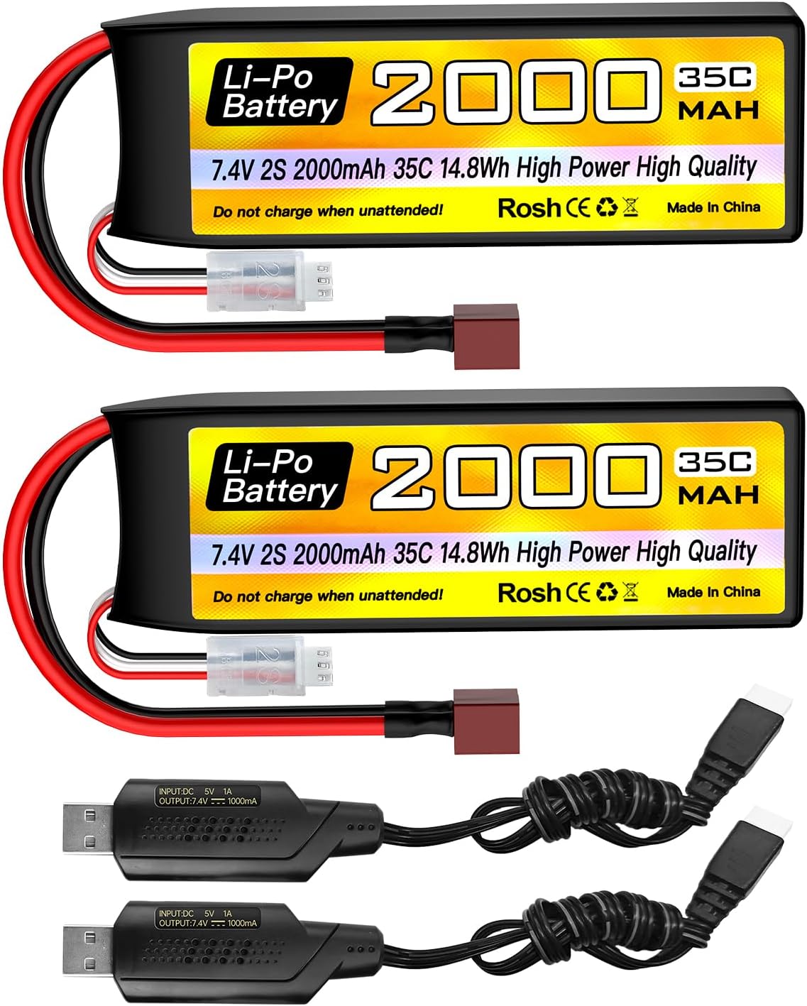 sea jump 2PCS 2S Lipo Battery 7.4V 2000mAh 35C with T Plug and USB Charging Cable Suitable for RC Car, Truck, RC Boat, Quadcopter Aircraft, FPV Drone Battery