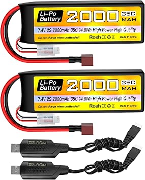 2PCS 7.4V 2000mAh 2S Lipo Battery with 35C T-plug USB Charging Cable for RC Car Truck RC Boat RC Quadcopter FPV Drone Battery