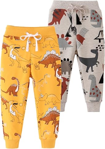 Toddler Baby Boys Cartoon Print Dinosaur Car Animal Cotton Pants Drawstring Elastic Sweatpant2-Pack 3-Pack