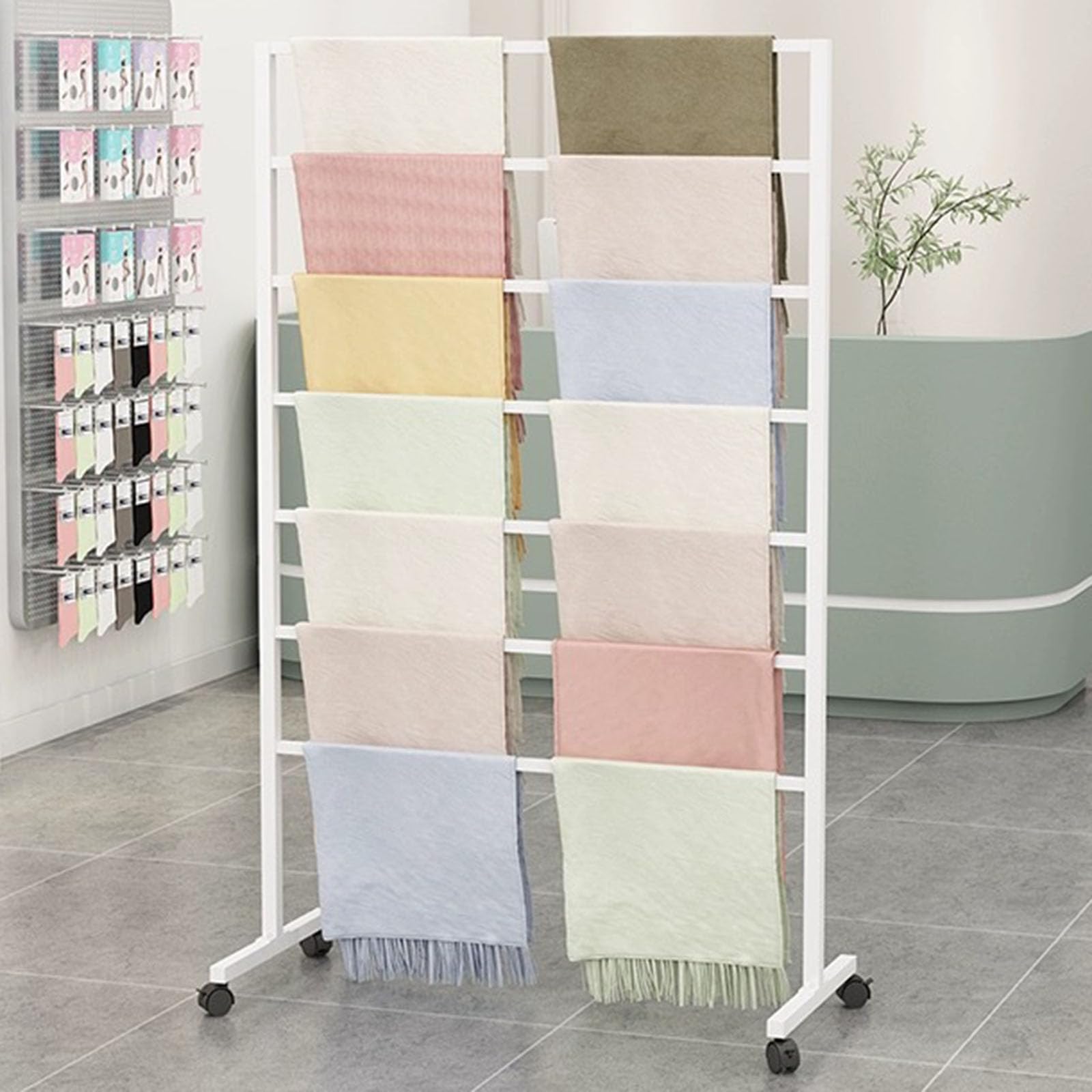 YNBSHGAA 7 Tier Metal Scarf Display Stand with Wheels, Freestanding Rack for Retail Store Use,White-Length 100cm