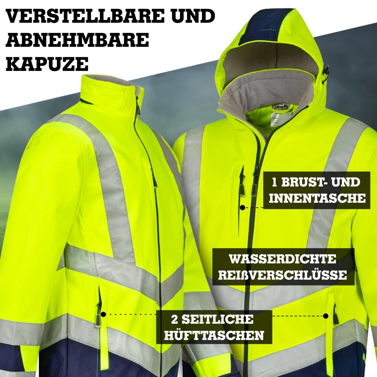 Safetytex Warnschutz Softshelljacke - Wind- und Wasserdicht - Atmungsaktiv - Hoch Sichtbar - Arbeitsjacke in verschiedenen Farben und Größen