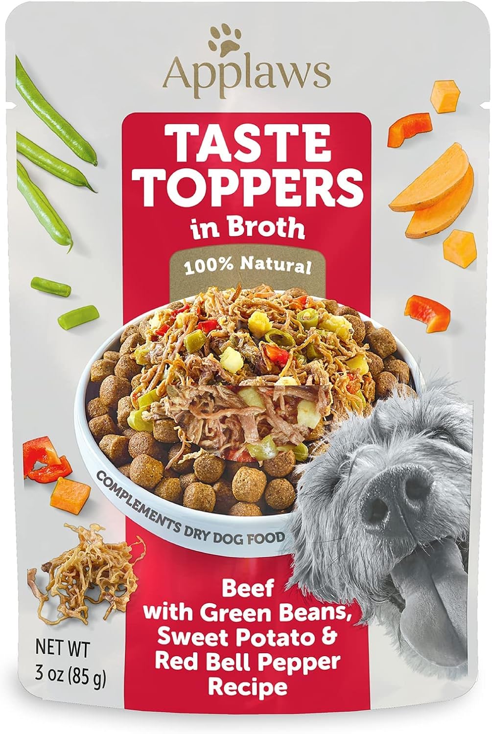 Applaws Taste Toppers, Limited Ingredient Dog Food Topper, Beef with Green Beans, Sweet Potato & Red Pepper in Broth (12 x 3oz Pouches)