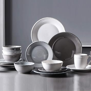 Ceramics Dinner Sets, 24 Pieces Pearl Edge Porcelain Dinnerware Set | Vintage Relief Mug Cereal Bowl and Steak Plate for Wedding Housewarming Gift
