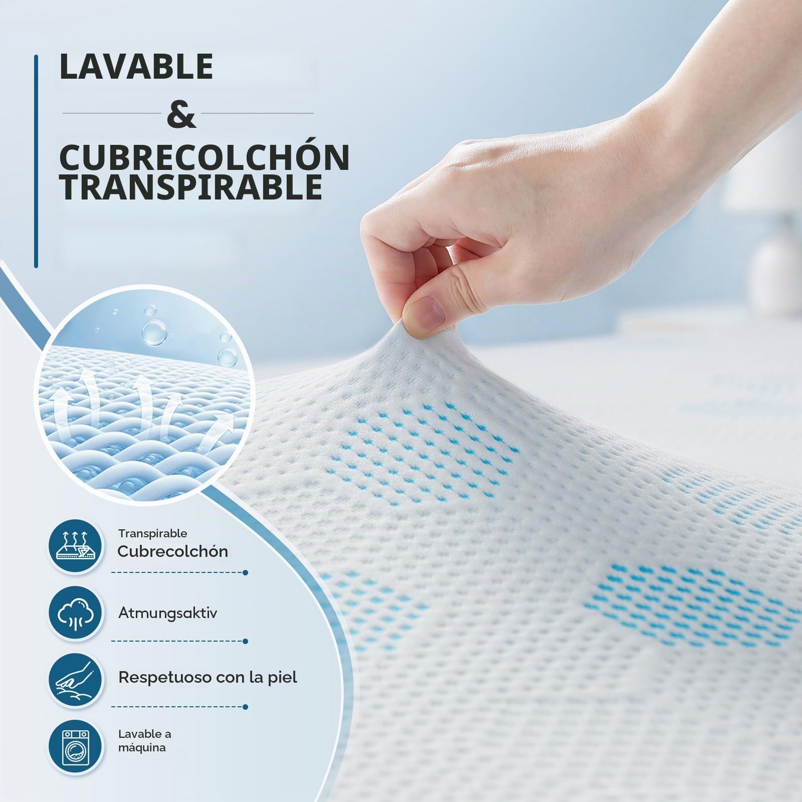 Topper Viscoelástico 140x190 Grosor 7 cm, Cubrecolchon con Gel Transpirable | Sobrecolchon Espuma Alta Densidad, Funda Lavable, Correas, Compatible con Muelles, Caravanas, Sofá, Individuales y Matrimonio