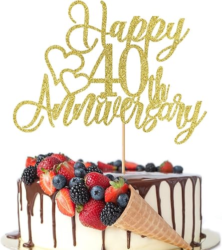 Decoración para pastel de 40 aniversario, decoración de aniversario de boda y cumpleaños número 40, purpurina dorada