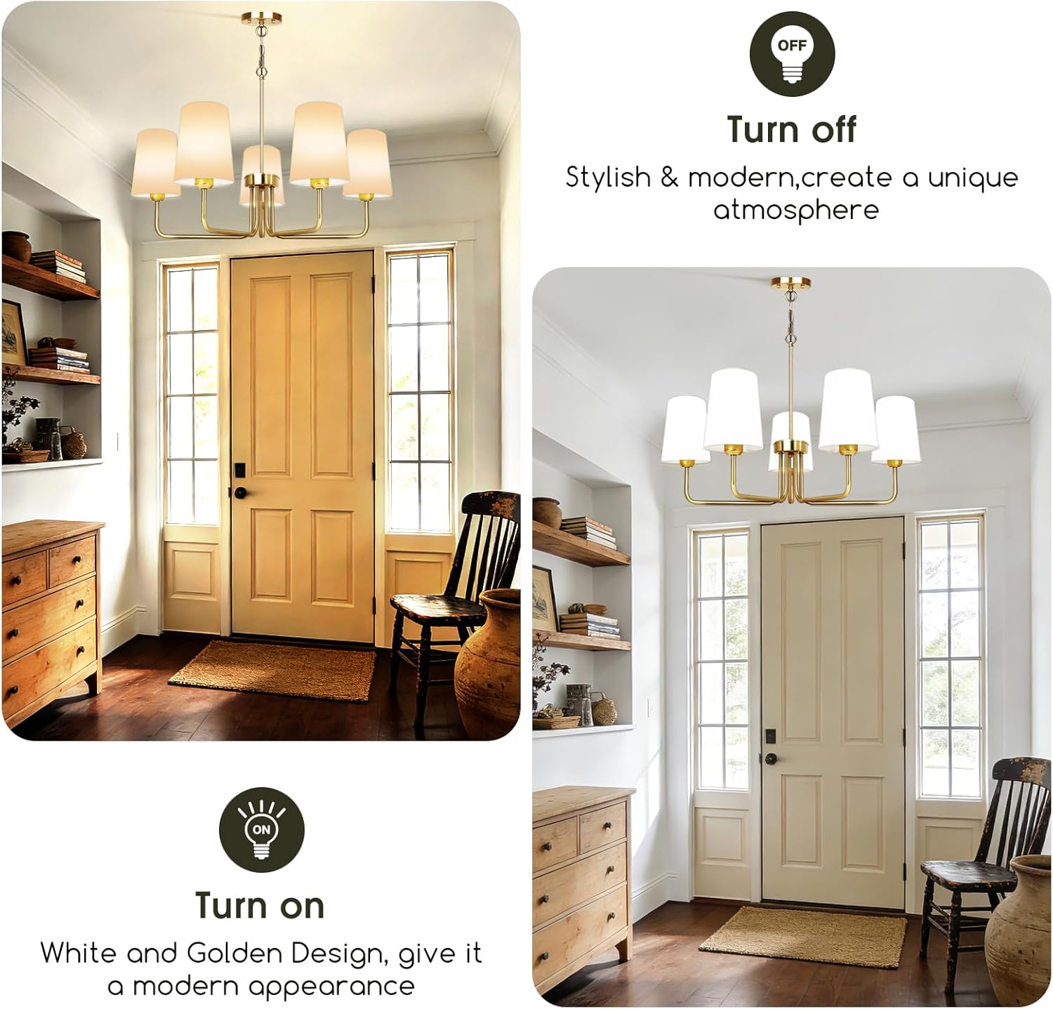 Farmhouse Chandelier Gold Chandeliers for Dining Room with White Fabric Shade Rustic 5 Lights Dining Room Light Fixture for Kitchen, Bedroom, Living Room