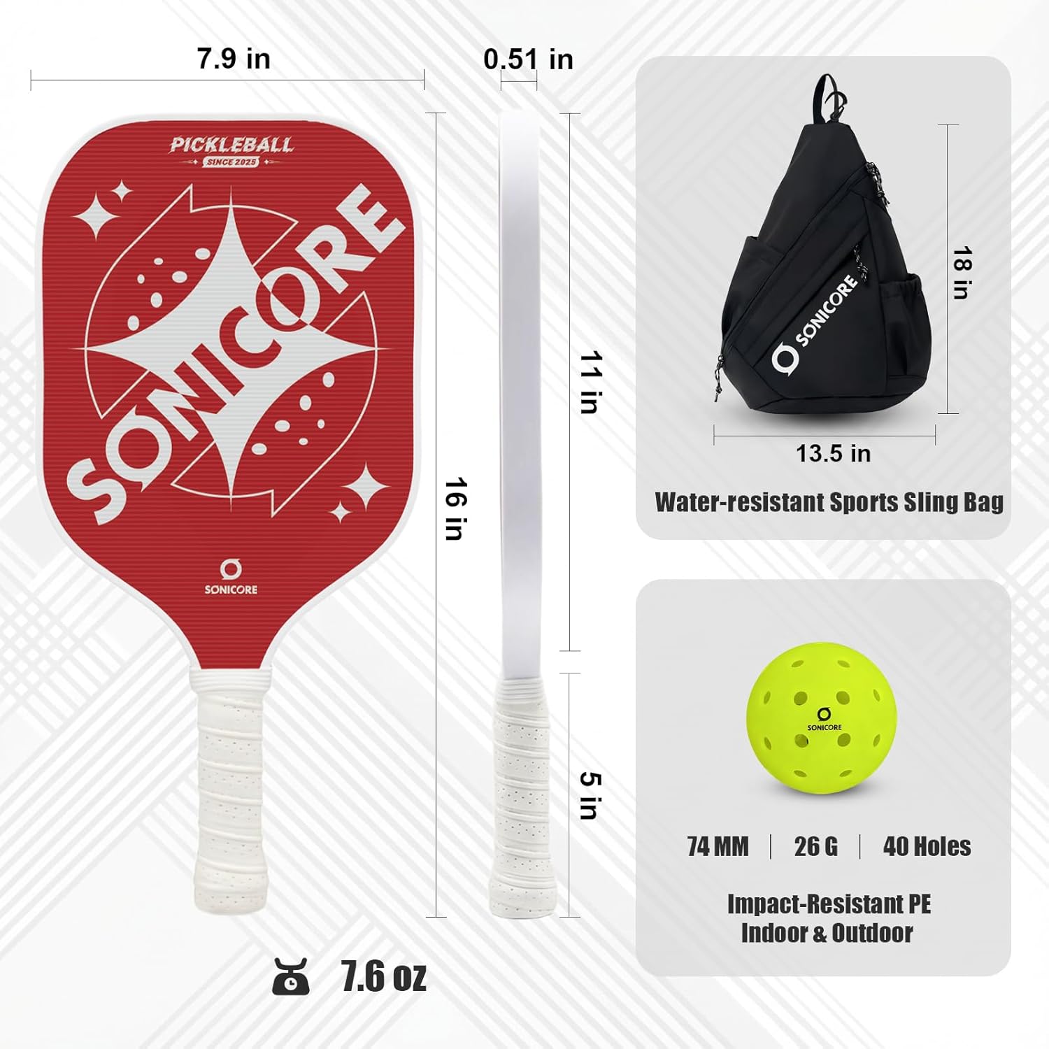 Sonicore Fiberglass Pickleball Paddle Set of 2 for Beginners, Lightweight Starter Kit with 4 Outdoor Balls, Sling Bag & Accessories, Pickleball Set for Men & Women