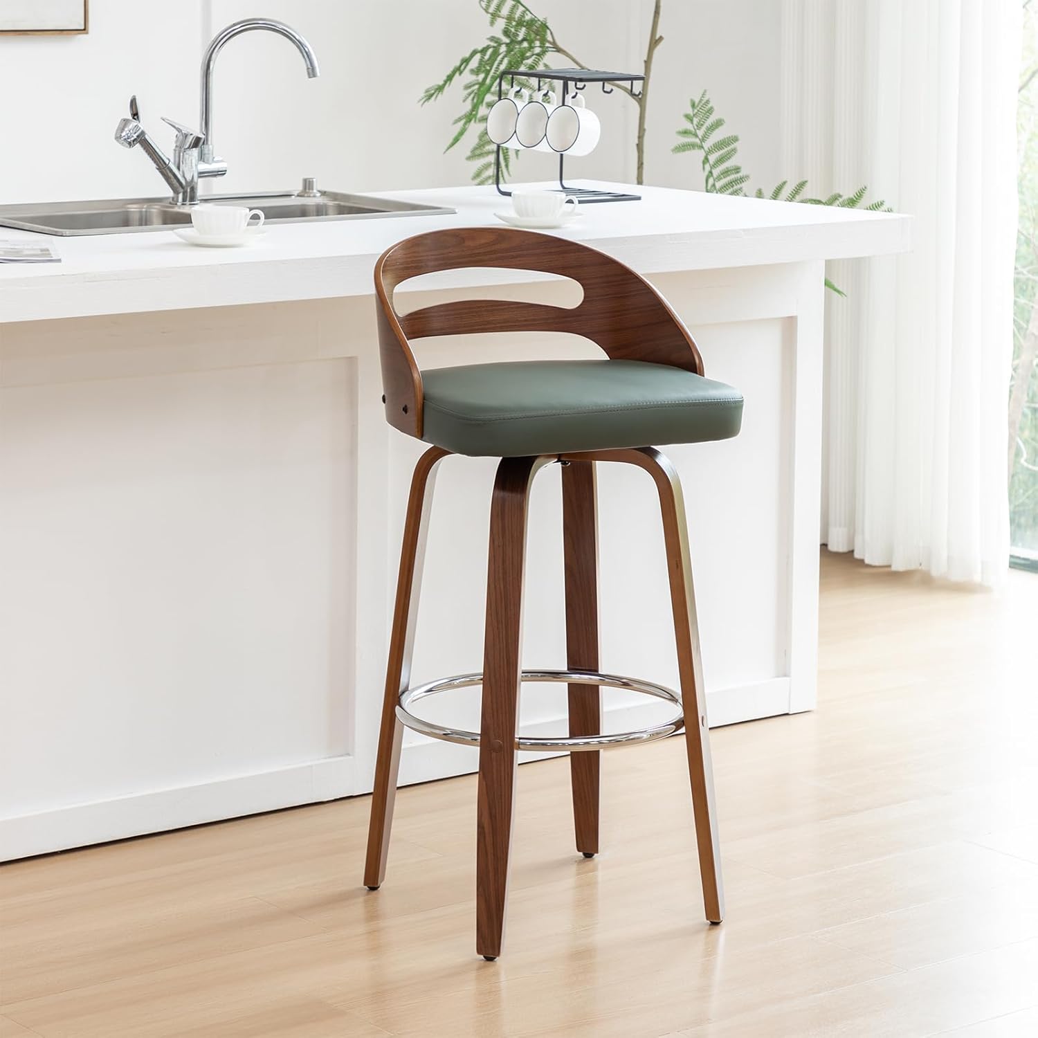 Counter Stools Set of 1, Counter Height Bar Stool with Walnut Crafts, Bentwood Curved Back, Upholstered Faux Leather, Soft Cushion Seat, Swivel Counter Chairs for Island/Pub (Green, 26" Seat Height)