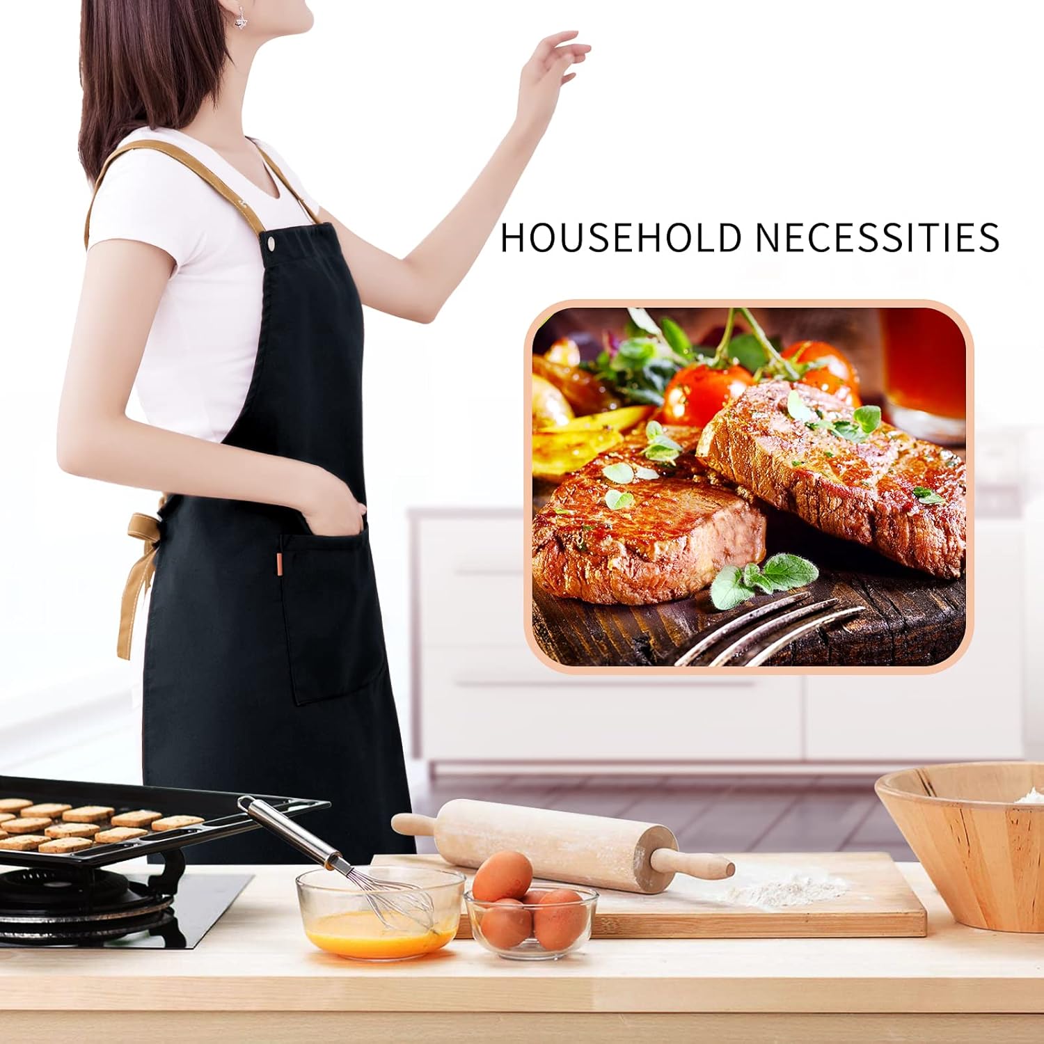 Apron for Women with Adjustable Straps and Pockets, Canvas Cotton Cooking Kitchen Chef Hairstylist Bib Aprons, Black - Image 2