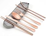 Travel Portable Utensils, Reusable Stainless Steel Flatware Set with Case, Portable Camping Cutlery Set for Lunch Box, 8-Piece Including Knife Fork Spoon Chopsticks Cleaning Brush Straws (Rose Gold)