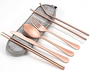Travel Portable Utensils, Reusable Stainless Steel Flatware Set with Case, Portable Camping Cutlery Set for Lunch Box, 8-Piece Including Knife Fork Spoon Chopsticks Cleaning Brush Straws (Rose Gold)