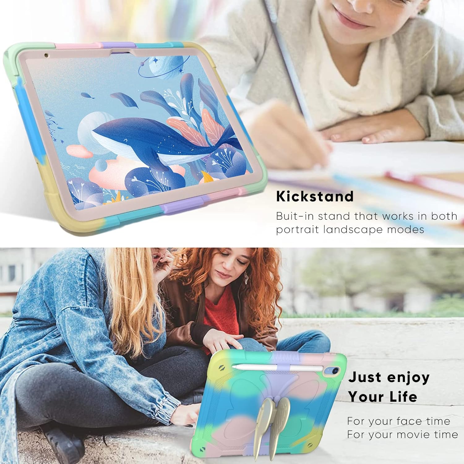 Dteck iPad A16/10th Generation 2025/2022 Case with Kickstand Butterfly Wings Pencil Holder, Heavy Duty Hard Rugged Protective Kids Girls Cover for iPad 10th Gen 10.9 Inch 2022,Colorful/Green