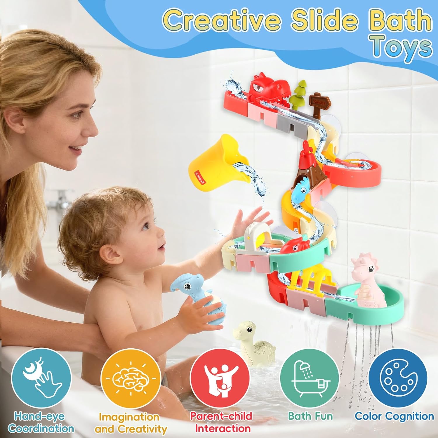 72 PCs Dinosaur Bath Toys for Kids Ages 4-8, Bathtub Water Slide Toys for Toddlers, DIY Building Set with Rubber Dino Bath Toys for Birthday Gifts