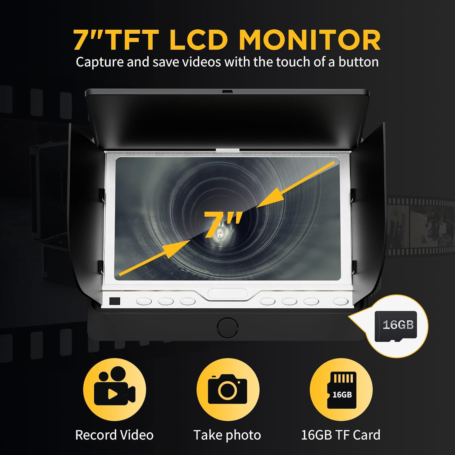 Okk Sewer Camera, Drain Camera with 512Hz Sonde, Pipe Inspection with Self-Leveling, Industrial Endoscope with DVR, 7" LCD Plumbing Snake Endoscope 100ft Cable, IP68 Waterproof, 12 LEDs, 16GB Card