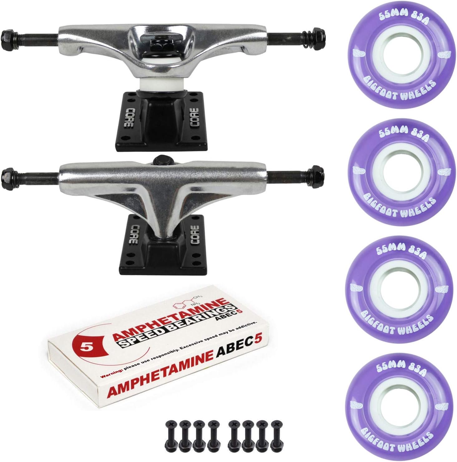 Skateboard Trucks Package Kit with Bigfoot 55mm Soft 83A Wheels, Amp 5 Bearings, 1" Phillips Mounting Hardware, and 1/8" Risers