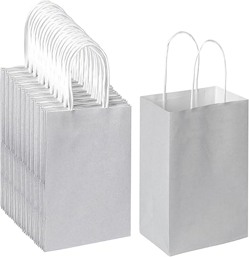 Oikss Paquete de 100 bolsas pequeñas de papel kraft gris de 5.25 x 3.25 x 8.25 pulgadas con asas a granel para cumpleaños, bodas, fiestas,