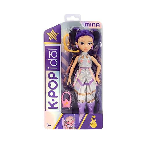 K-POP IDOL Muñeca Mina Fashion Doll Estilo K-Pop Starlight, Cabello Morado con Coletas. 3 Accesorios para Crear Outfits Optimo para Fans a Partir de 3 Años de Edad