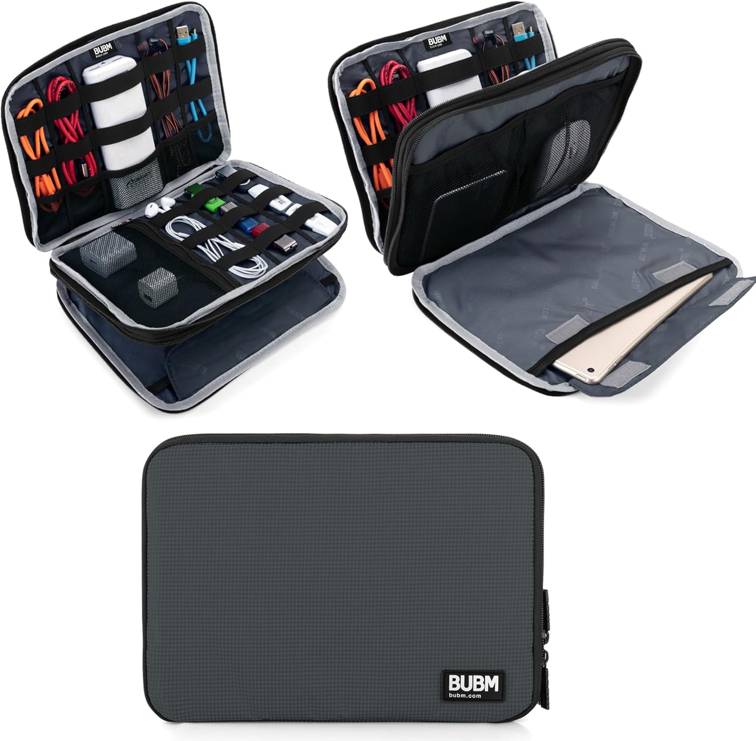 BUBM Double Layer Electronics Organizer, Travel Gadget Bag for Cables, Memory Cards, Flash Hard Drive and More, Fit for iPad or Tablet(up To 9.7")--Large, Blue
