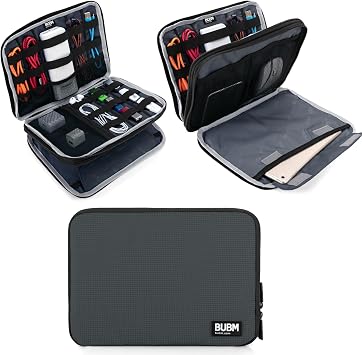 BUBM Double Layer Electronics Organizer, Travel Gadget Bag for Cables, Memory Cards, Flash Hard Drive and More, Fit for iPad or Tabletup To 9.7"--Large, Gray