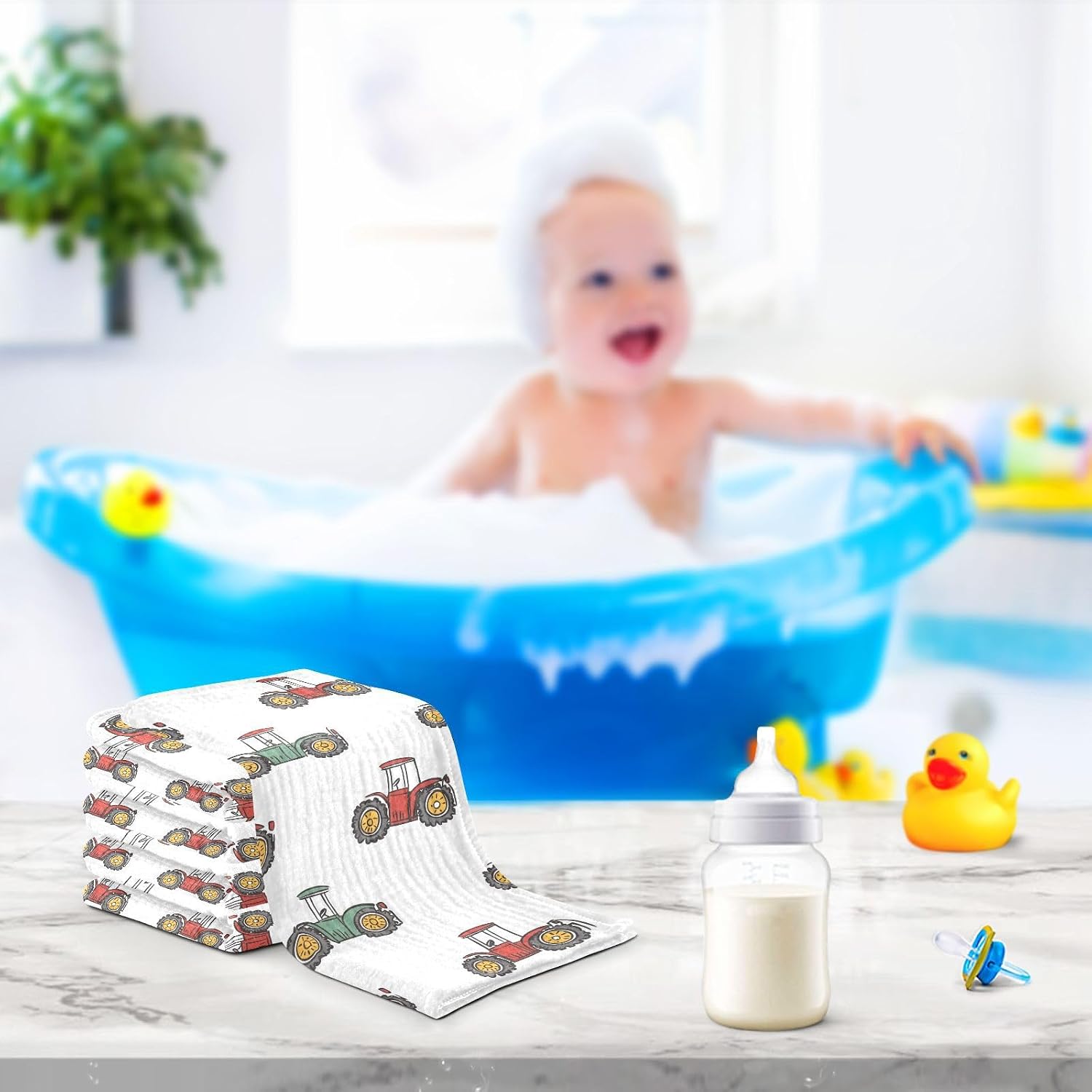vvfelixl Baby Muslin Washcloths Cute Retro Tractor Baby Burp Cloths Cotton Babys Face Towel for Newborn Infants Boys Girls Soft and Absorbent 11.8 X 11.8 in, 3 Pack