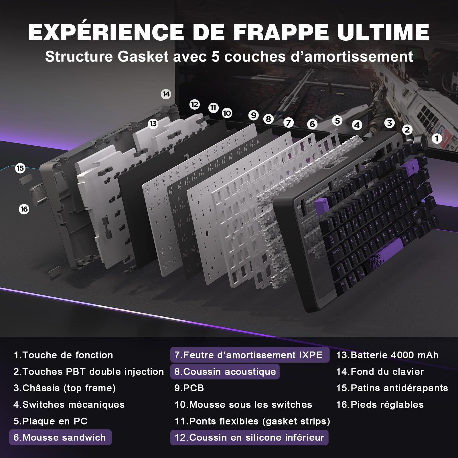 YUNZII B75 Pro ISO FR & DE Clavier Gamer sans Fil (Noir Violet, Milk V2) | AZERTY Français & QWERTZ 75% Disposition avec Bouton, 2.4 Ghz/Bluetooth/Filaire Gasket Mounted, Hotswap, RGB, Windows/Mac