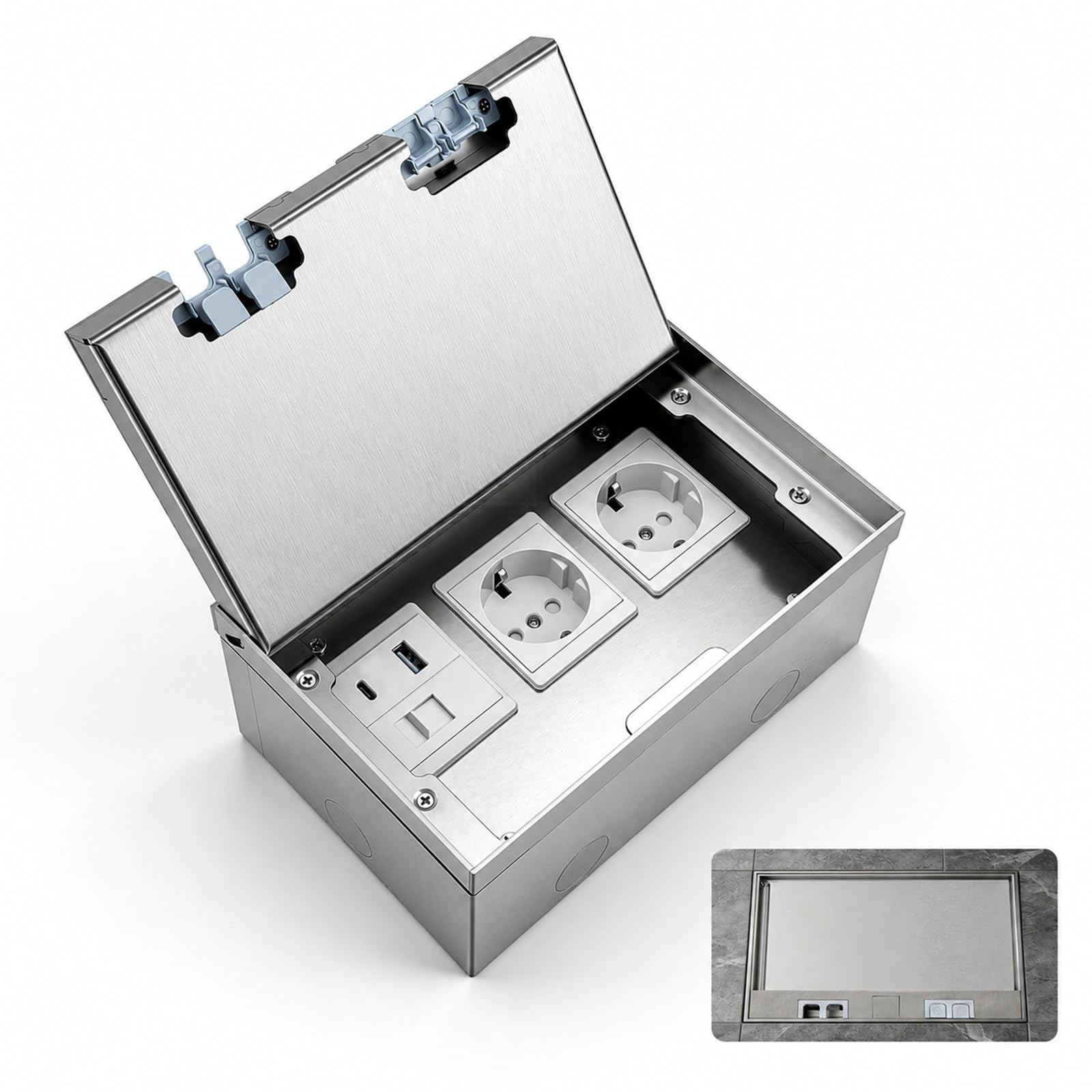 Presa da pavimento per serbatoio da pavimento, con 2 AC + 1 USB + 1 RJ45 | acciaio inossidabile, impermeabile e antipolvere, presa da pavimento per esterni, interni, ufficio, hotel