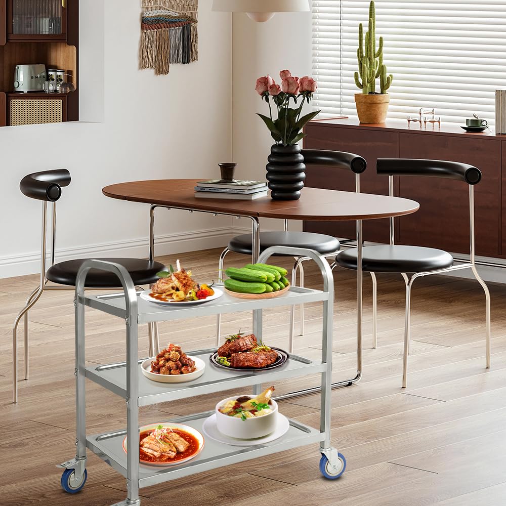 Carrello di servizio, 3 vassoi,Capacità di carico 150 kg,Acciaio INOX,Carrello di servizio,Servizio di cucina in acciaio inox,3 ripiani per sbarazzarsi di ristorazione (95*50*95cm)