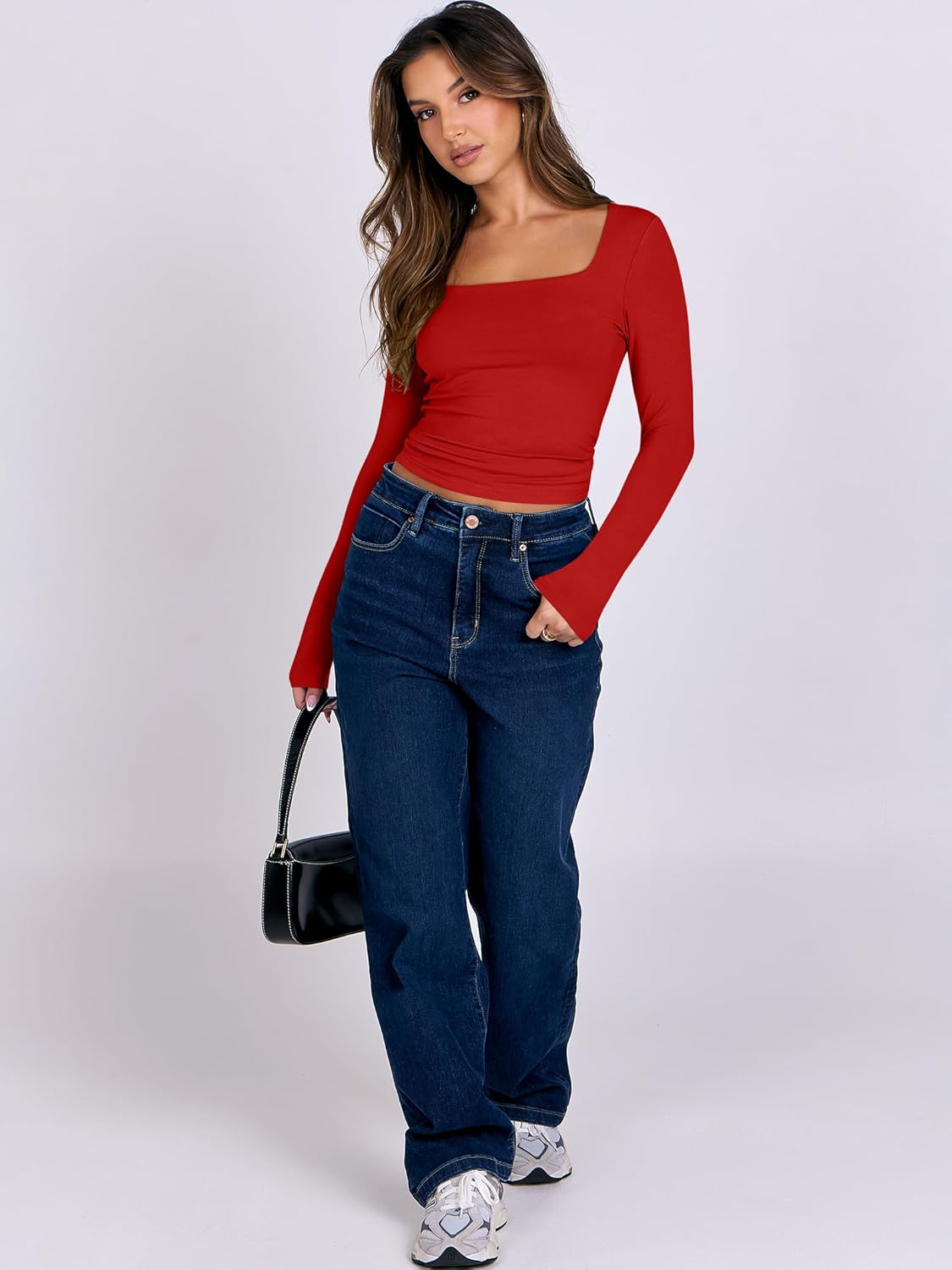 ANRABESS Women Double Lined Long Sleeve Crop Tops Shirts Square Neck Tight Fitted Going Out T-Shirt Basic Tee Outfits 2026 - Image 5