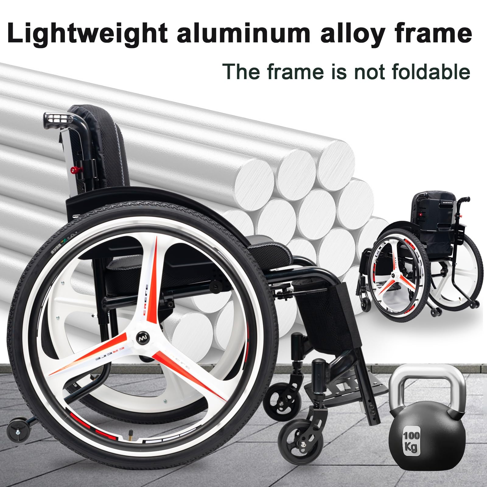 Lekki sportowy wózek inwalidzki, nieskładany, ze stopu aluminium, dla dorosłych (szerokość siedziska: 40 cm)